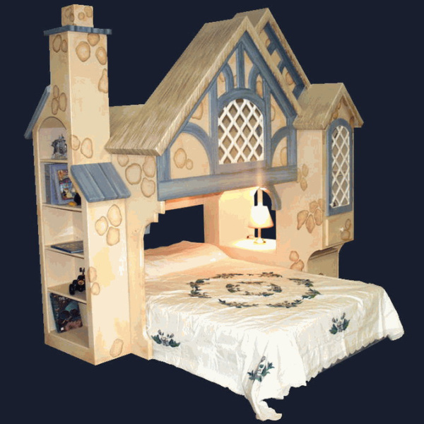 Snow White Bed Cottage Bunk Bed w Chimney Bookcase - Twin Over Full