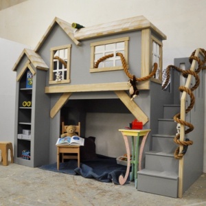 Custom kid furniture, Spanky's clubhouse, gender neutral kid's indoor playhouse bunk bed with staircase and shelves