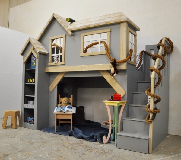 Custom kid furniture, Spanky's clubhouse, gender neutral kid's indoor playhouse bunk bed with staircase and shelves
