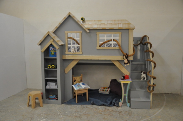 Spanky's clubhouse, gender neutral kid's indoor playhouse bunk bed with staircase and shelves