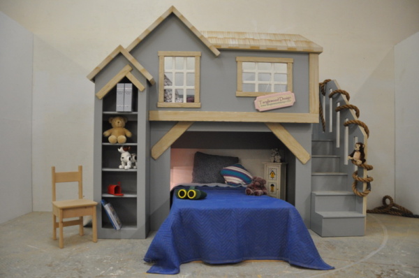 Spanky's clubhouse, gender neutral kid's indoor playhouse bunk bed with staircase and shelves