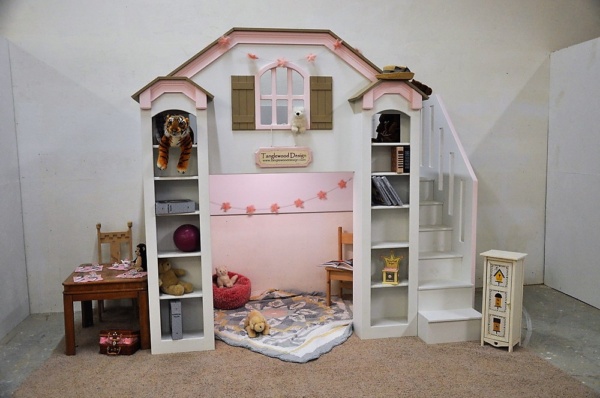custom kid bed, contemporary girls bed, shelves and stairs, pink trim, brown roof, playhouse and loftbed, kids indoor playhouse