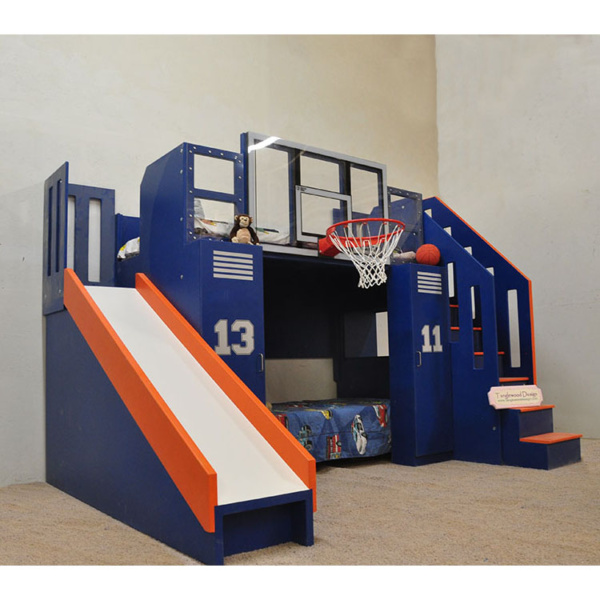 Ultimate Basketball Bunk Bed, Children's Indoor Playhouse, NBA Sized Basketball Hoop, Drawers, Built-in Desk, Slide, Staircase, Blue and Orange
